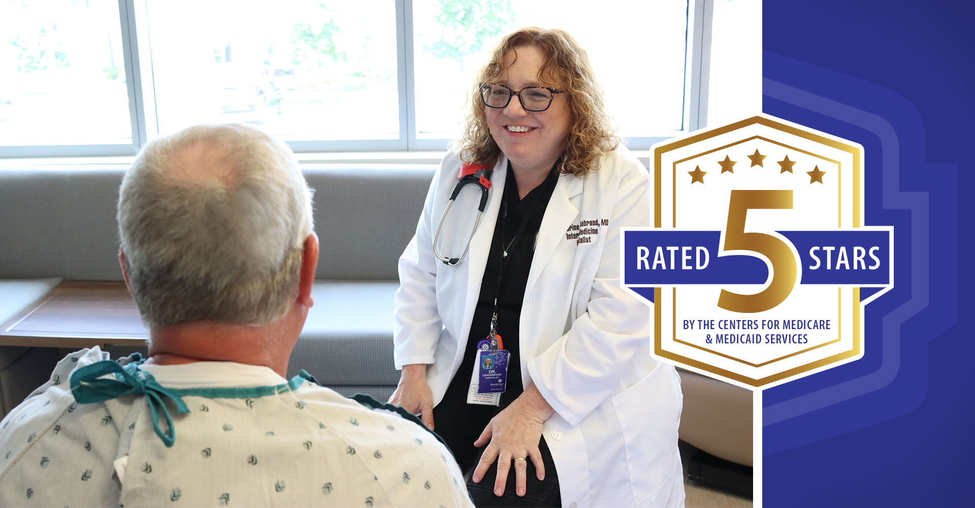 Doctor meeting with patient in hospital with the 5-star emblem overlaid on top