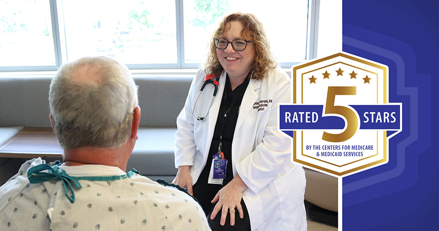 Hospitalist with Patient and 5 Star Badge