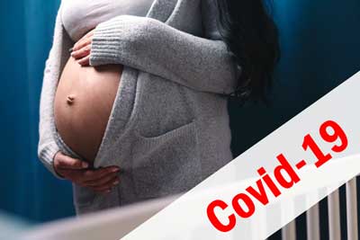 Woman holding naked, pregnant stomach with COVID-19 banner over photo