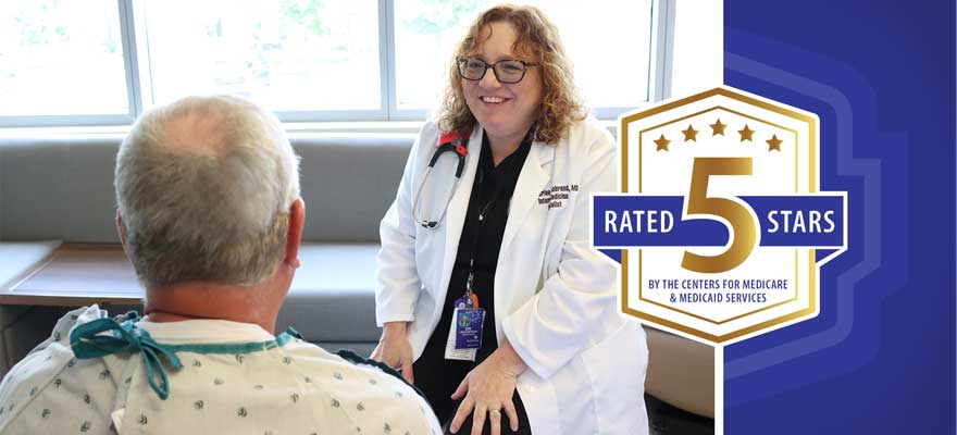 doctor meeting a patient in the patient's room with a 5-star logo graphic overlaid on top of the photo