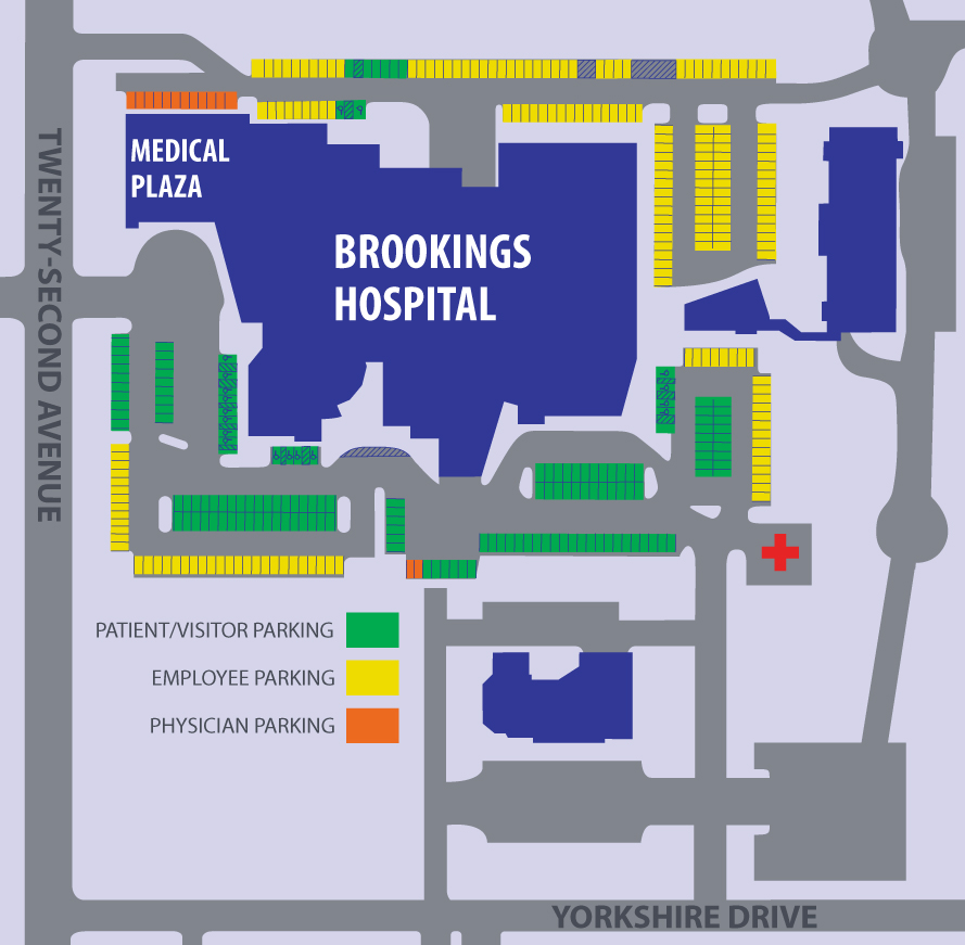 Map showing parking options at Brookings Hospital
