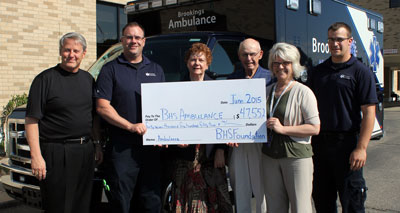 Funds raised during Brookings Health System Foundation’s “Come to the Rescue” campaign helped to purchase a new advanced life support ambulance for Brookings Health System. Pictured from left to right: Foundation Board of Trustees Member David Kneip, Paramedic Mike Hansen, Foundation Board of Trustees Chair Roberta Olson, Foundation Board Member Bruce Lushbough, Foundation Development Officer Barb Anderson and EMT Tyler Hageman. 