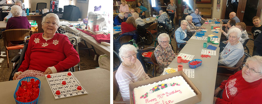 Residents playing Bingo and celebrating Helen's birthday