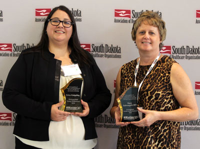 Brookings Health System Clinical Informatics Specialist Erica Knippling and Obstetrics Directory Mary Schwaegerl each received Distinguished Service Awards at the 90th annual South Dakota Association of Healthcare Organizations’ annual convention. Knippling was honored in the young professionals category for her leadership as the SDHIMSS program director; Schwaegerl was recognized in the health care professional category for her work with in maternity care and breastfeeding advocacy.