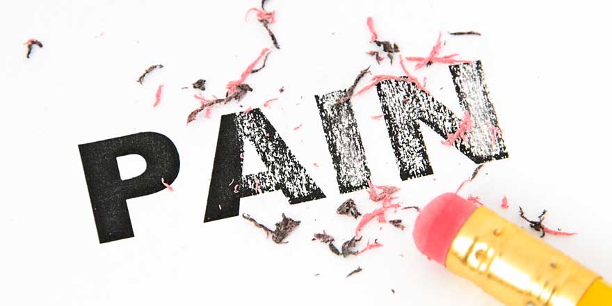 a pencil eraser erasing the word pain on a white background